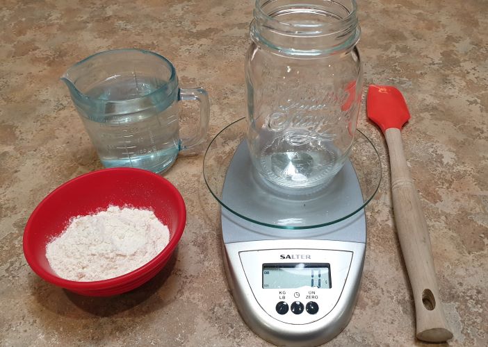 Equipment and ingredients to make sourdough starter
